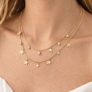 Gold Tone Layered Star Charm Necklace Adjustable 20–24” NWT